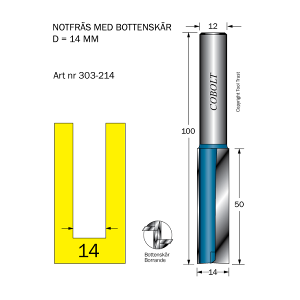 Notfræser Cobolt 303-214 D=14 L=50 TL=100 S=12 