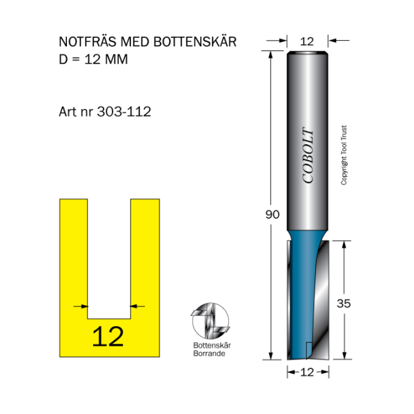 Notfræser Cobolt 303-112 D=12 L=35 TL=90 S=12 