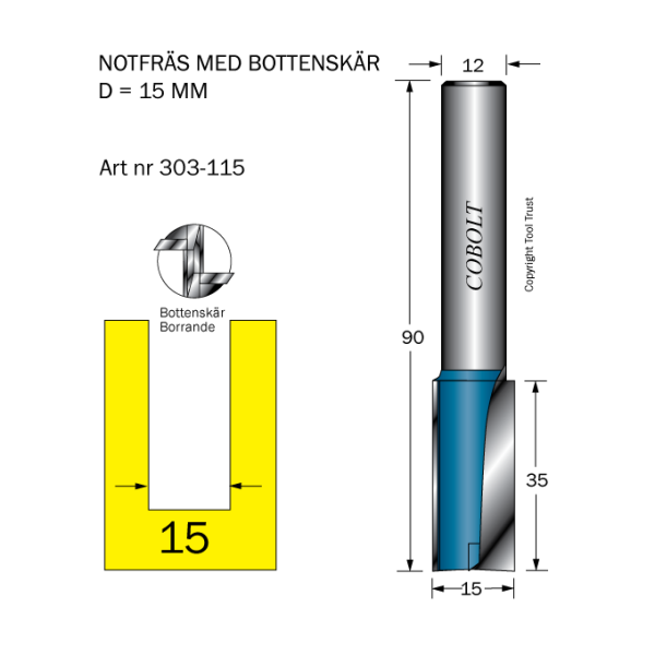 Notfræser Cobolt 303-115 D=15 L=35 TL=90 S=12 