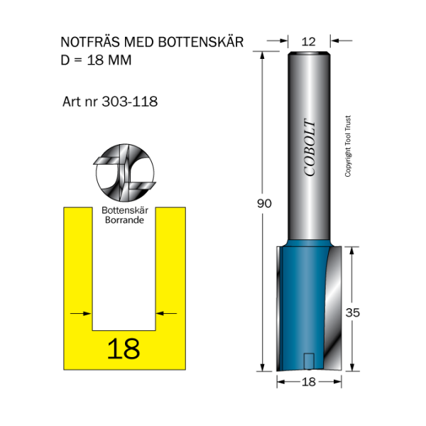 Notfræser Cobolt 303-118 D=18 L=35 TL=90 S=12 