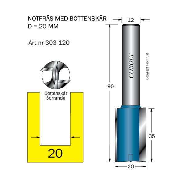 Notfræser Cobolt 303-120 D=20 L=35 TL=90 S=12 