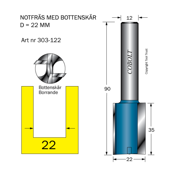 Notfræser Cobolt 303-122 D=22 L=35 TL=90 S=12 