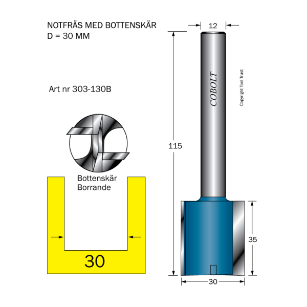 Notfræser Cobolt 303-130B D=30 L=35 TL=115 S=12 