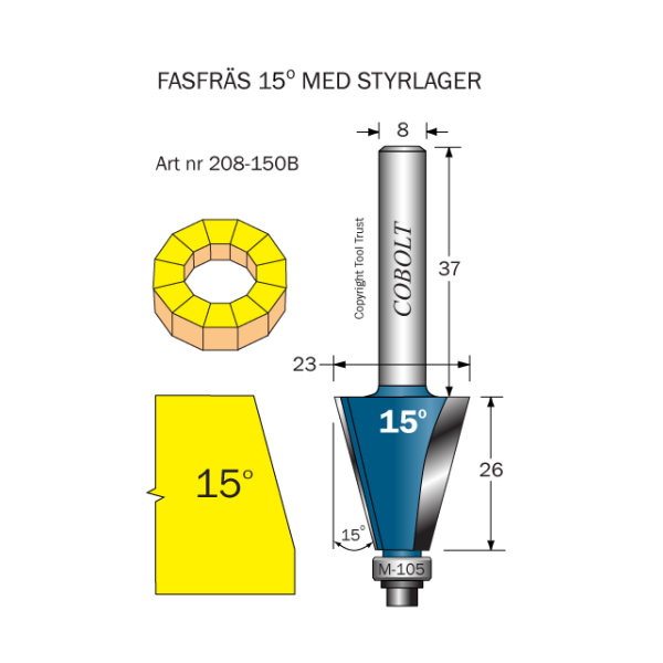 Fasefræser Cobolt 208-150B 15° D=23 L=26 F=6,5 TL=73 S=8 