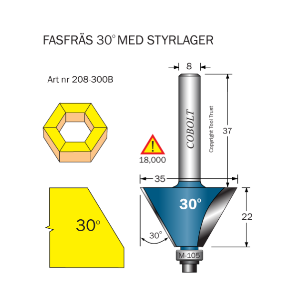 Fasefræser Cobolt 208-300B 30° D=35 L=22 F=12,5 TL=70 S=8 