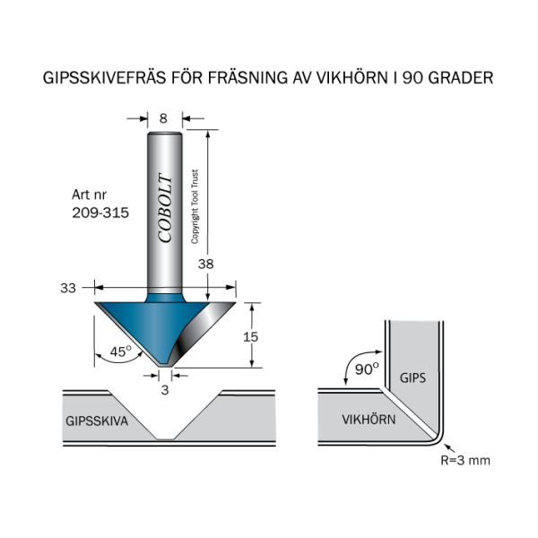 Gipspladefræser Cobolt 209-315 45° D=33 L=15 TL=53 S=8 