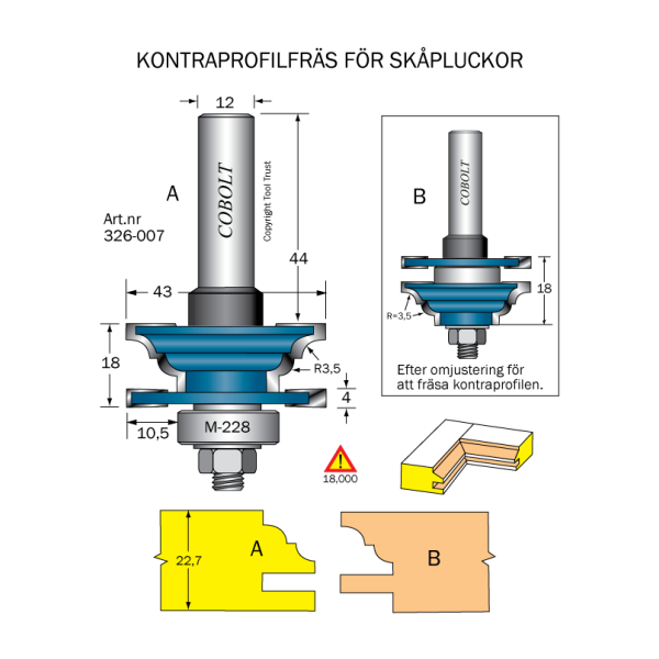 Kontraprofilfræser Cobolt 326-007 D=43 R=3,5 Not=4 L=22,7 