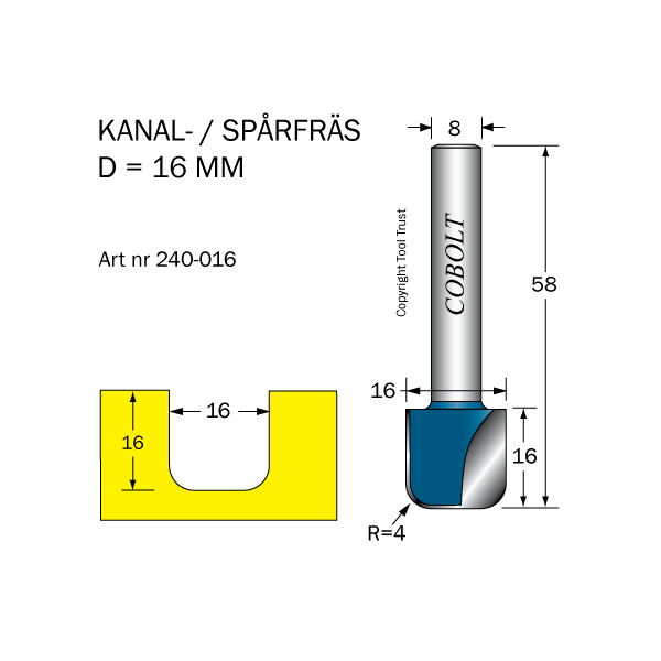 kanalfræser Cobolt 240-016 D=16 R=4 L=16 