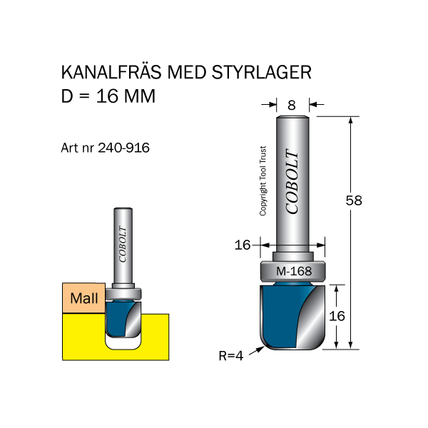 kanalfræser Cobolt 240-916 D=16 R=4 L=16 