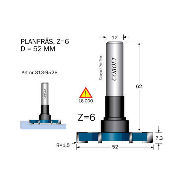 Planfræser Cobolt 313-952B D=52 Z=6 R=1,5 L=7,3 