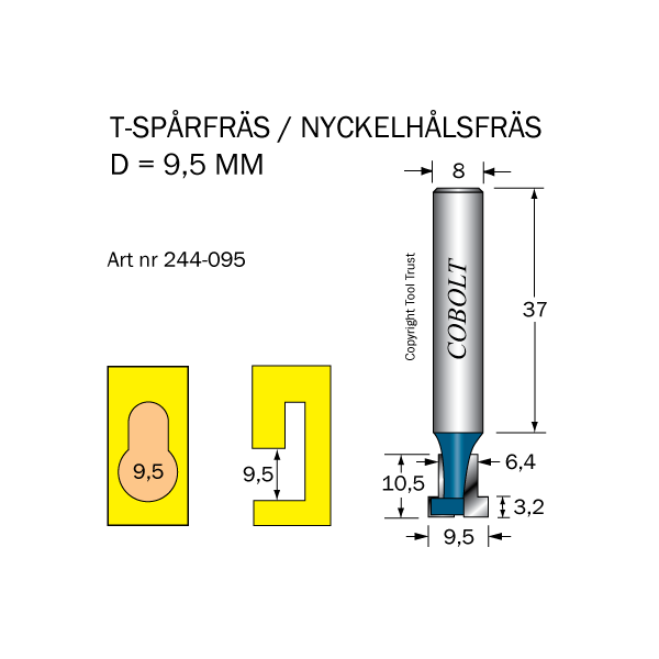 T-Sporfræser Cobolt 244-095 D=9,5/6,4 L=10,5 TL=52 S=8 