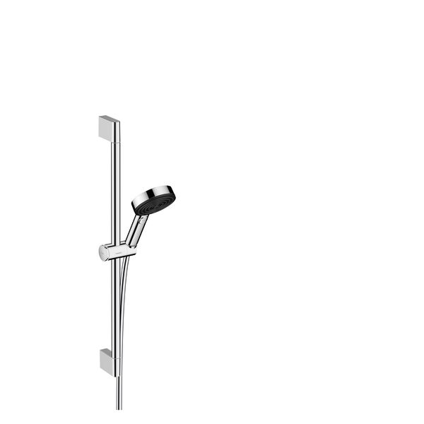 Suihkusetti Hansgrohe Pulsify Select S sisältää käsisuihkun, suihkuletkun ja -tangon 