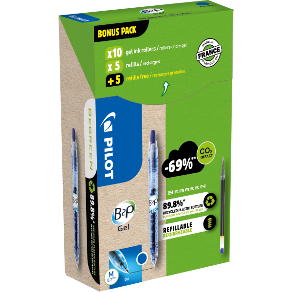 Kuglepen Pilot B2P Gel 556190 med genopfyldning, 10-pak Blå