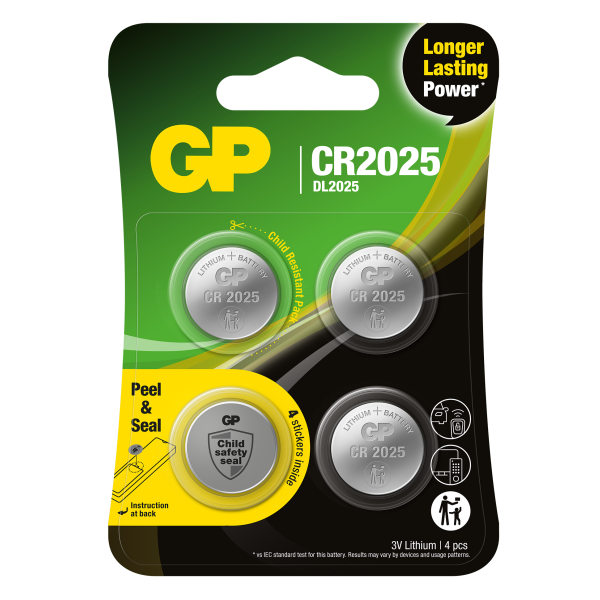 Knapcelle GP Batteries CR2025 lithium, 3 V, pakke med 4 
