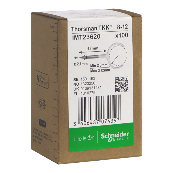 Klemmer Schneider Electric IMT23620 spiker, 100-pakning, rund kabel 8-12, 2,1x18 mm