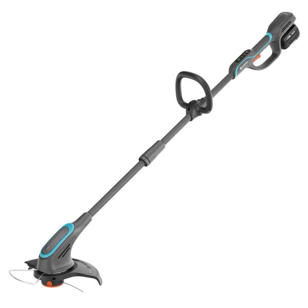 Akkutrimmeri Gardena PowerTrim akun ja laturin kanssa 