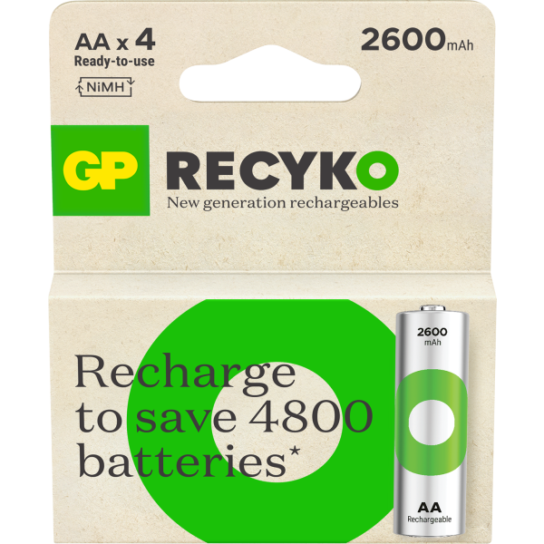 Batteri GP Batteries Recyko 201246 oppladbar, AA, 2600 mAh, 4‑pakning 