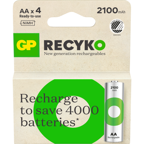 Batteri GP Batteries Recyko 201240 oppladbart, AA, 2100 mAh, 4‑pakning 