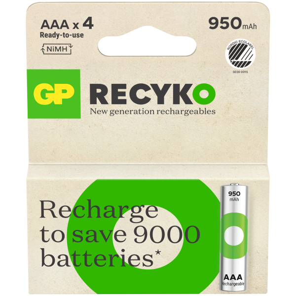 Batteri GP Batteries Recyko 201242 oppladbar, AAA, 950 mAh, 4‑pakning 
