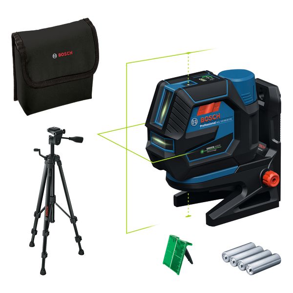 Yhdistelmälaser Bosch GCL 12V-50-22 CG vihreä laser, paristoilla, paristoadapterilla, kääntöpidikkeellä ja mittausjalustalla 