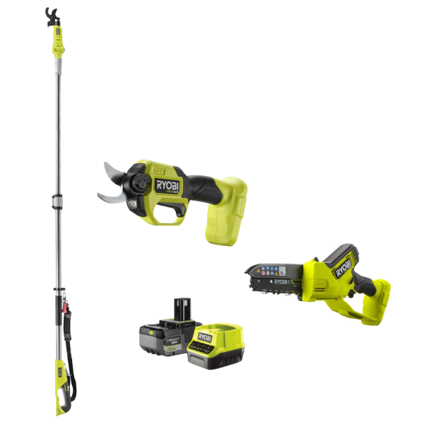 Trädgårdspaket Ryobi RY18PSX15A+RY18SCXA+RY18PLA+RC18120  