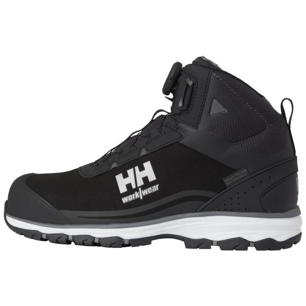 Halvhøj sort sikkerhedsstøvle med Helly Hansen-logo, BOA-drejeknap og hvid mellemsål
