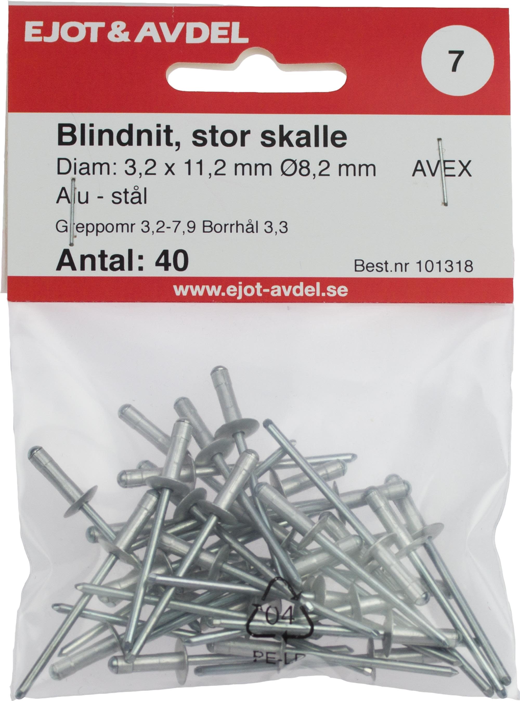 Ejot 101318 Blindnit AVEX, stor skalle 3,2 x 11,2 mm, 40-pack