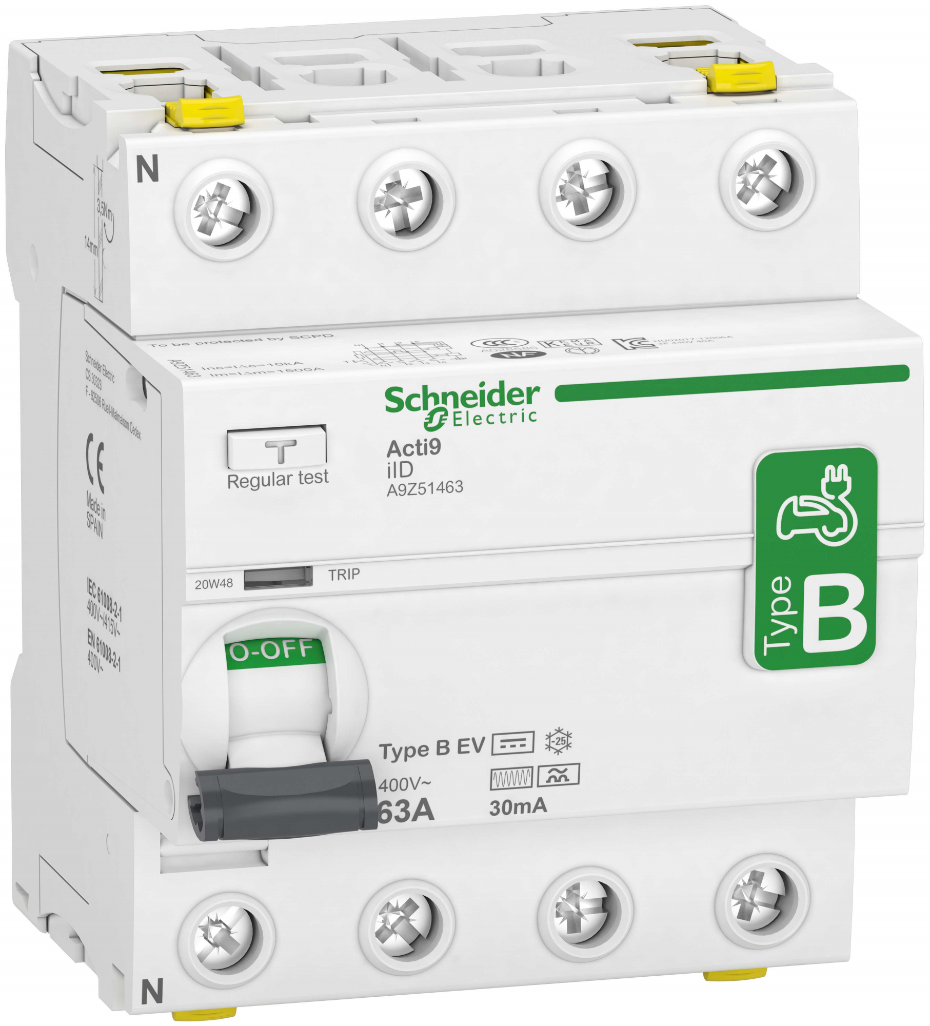 Schneider Electric Acti9 iID Jordfelsbrytare B-EV, 4-polig 63A, 30mA