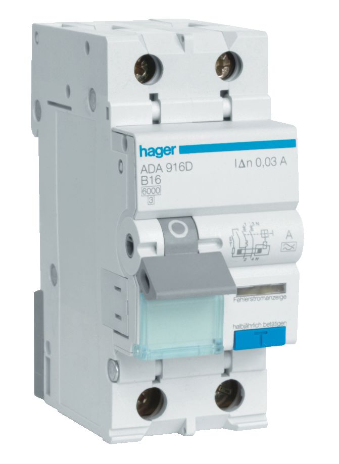 Hager ADA956G Personskyddsautomat 30 mA, typ A, C-karakteristik 6 A
