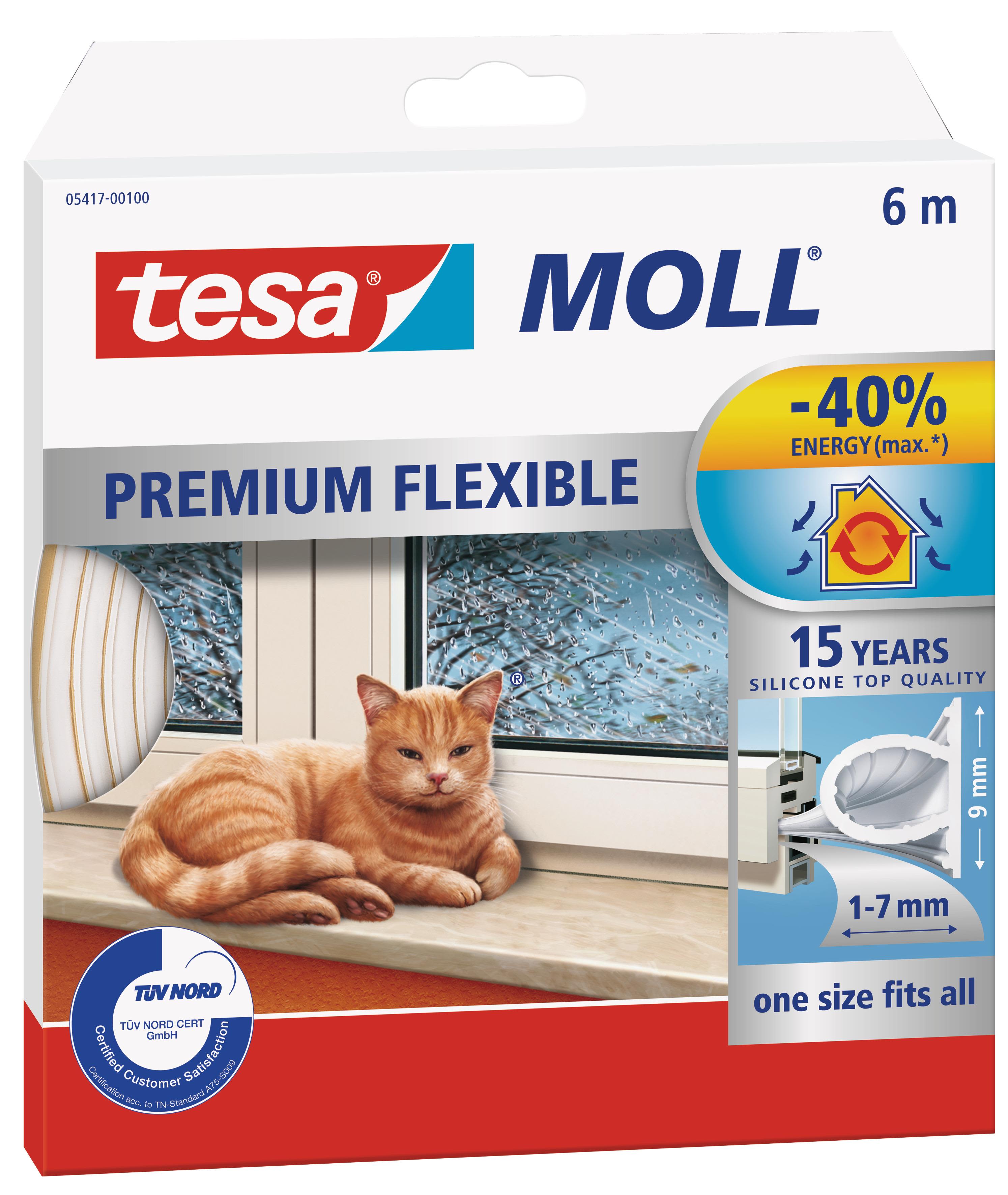 Tesa Tesamoll Premium Flexible Tætningsliste i silikone, 6m, 9 mm x 7 mm Hvid