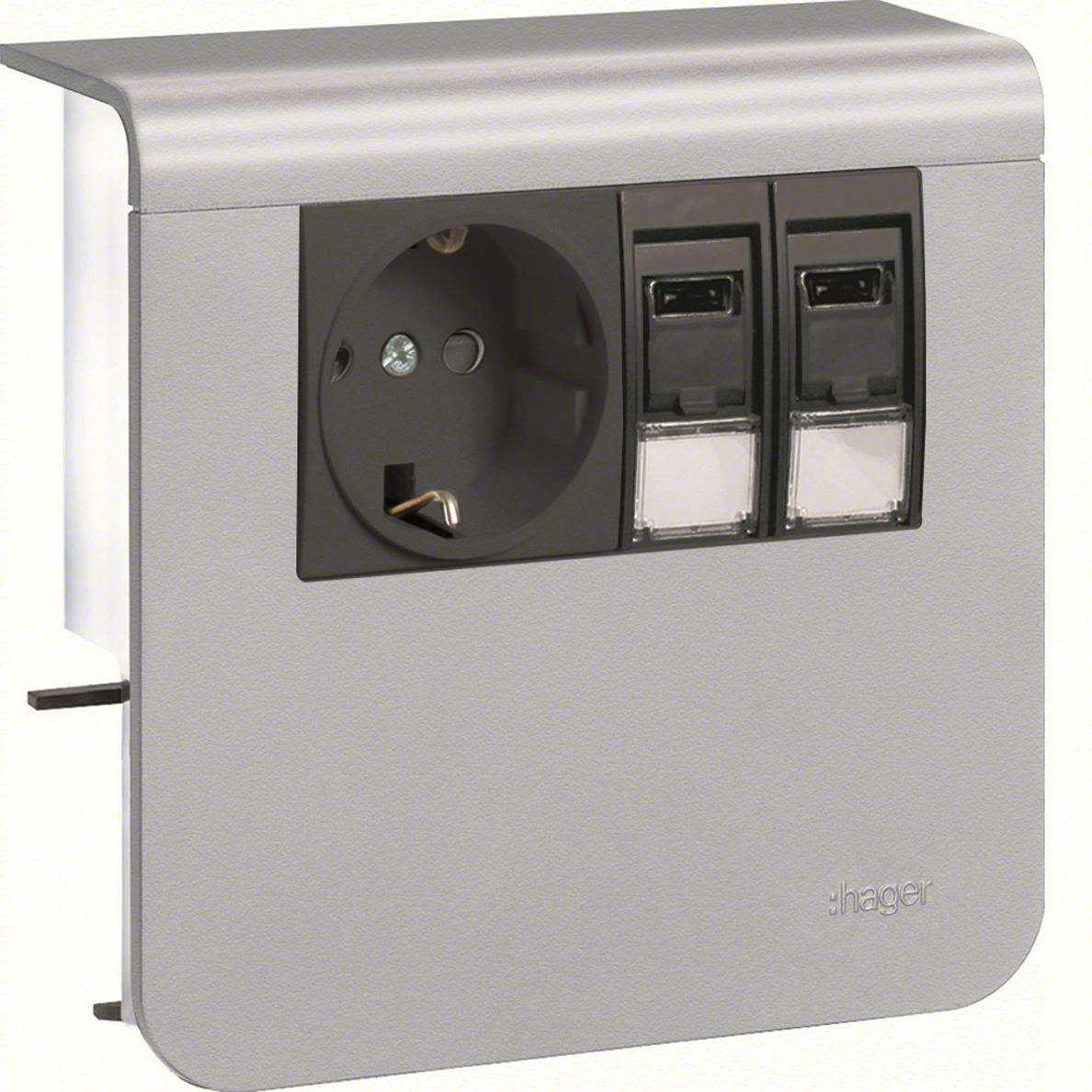 Hager SL20055920D1 Uttag 1-vägs + 2 x RJ45, 55 mm Aluminium