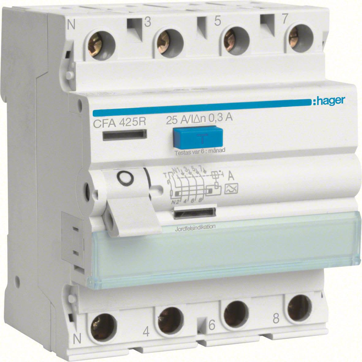 Hager CFA425R Jordfelsbrytare 4-polig, 300mA, A 25A