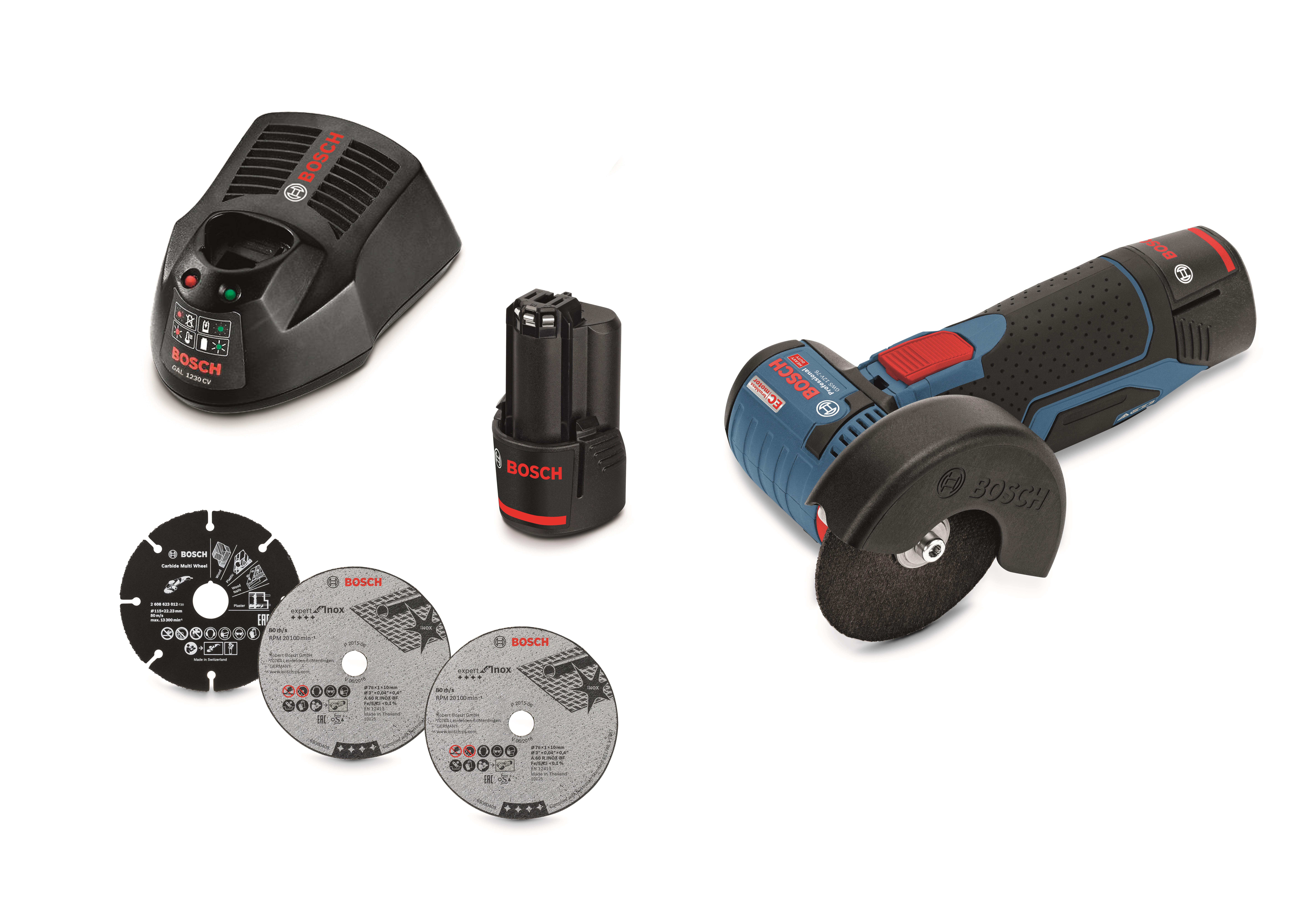 Bosch GWS 12V-76 Kulmahiomakone sisältää akun ja laturin