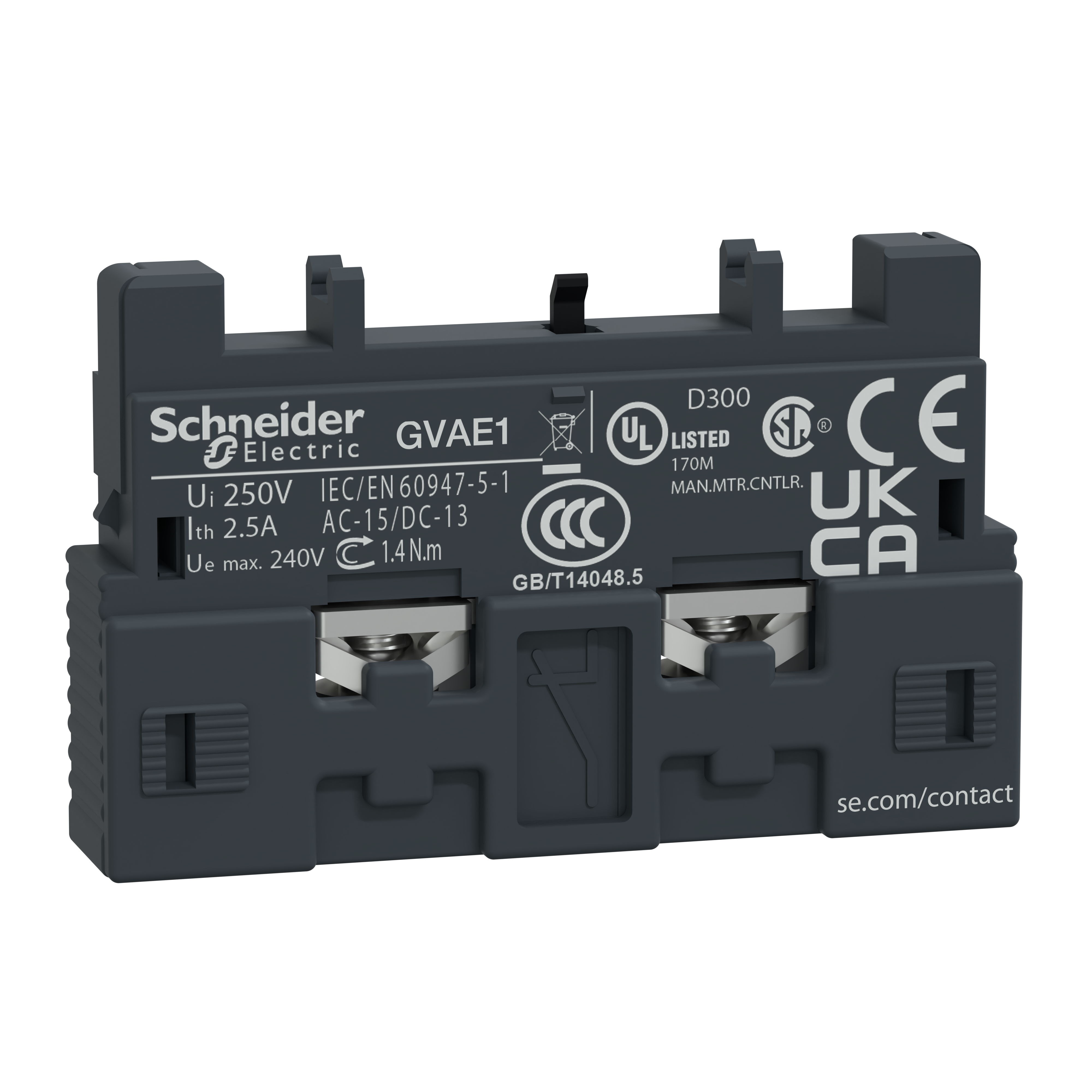 Schneider Electric GVAE1 Hjälpkontaktblock TeSys GV2 & GV3 1 slutande eller 1 brytande, vändbar, frontmonteras
