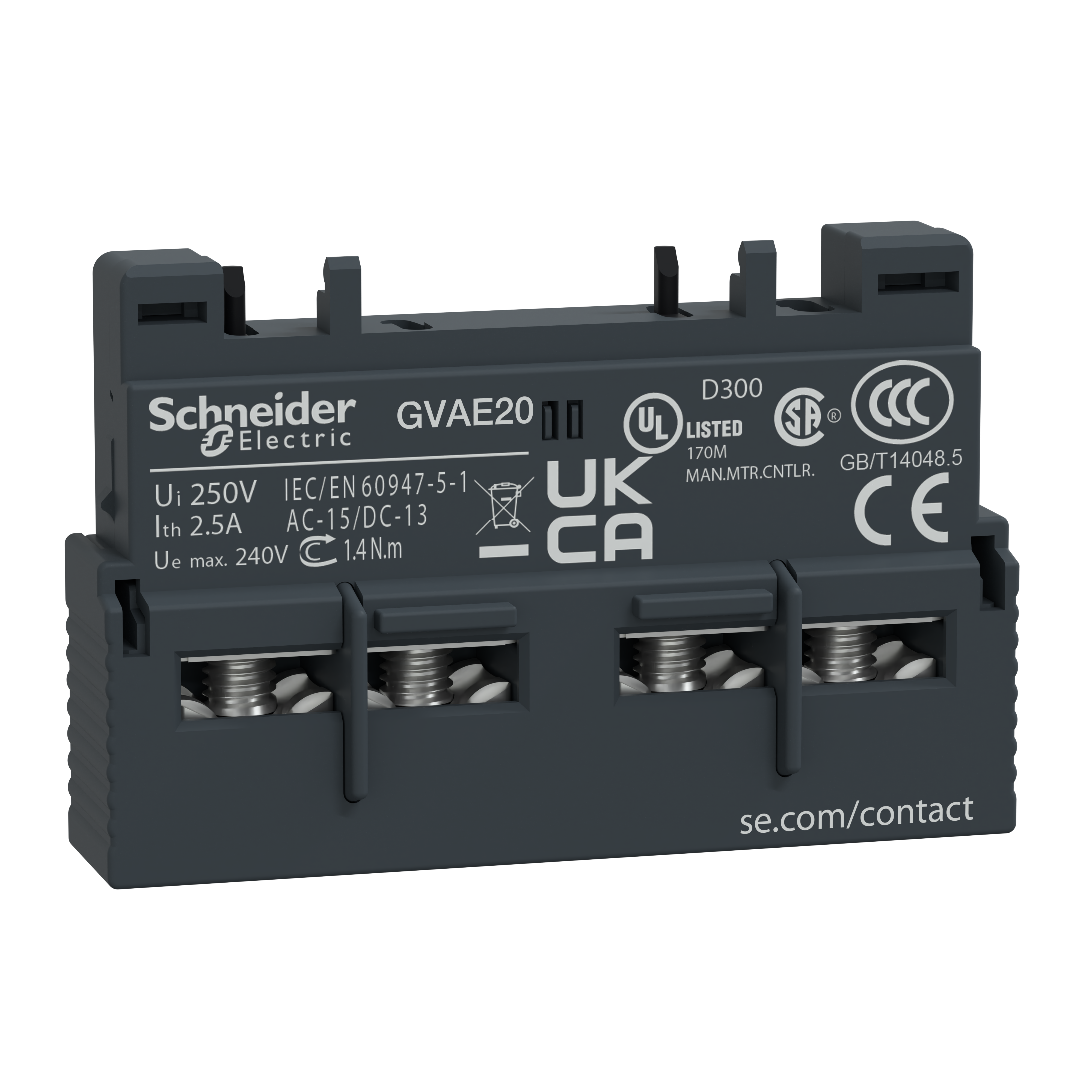 Schneider Electric GVAE20 Hjälpkontaktblock TeSys GV2 & GV3 2 slutande, sidomontage vänster