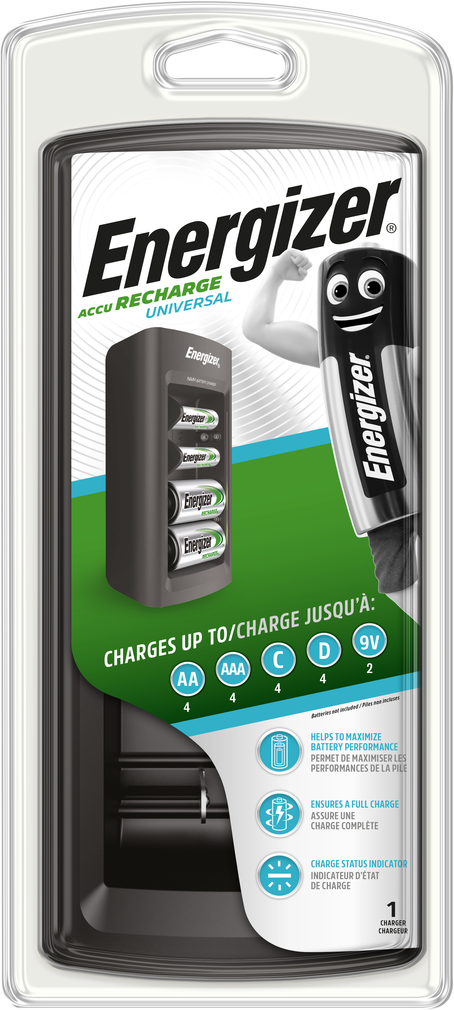 Energizer Universal Charger, Nikkelmetallhydrid (NiMH), Overlading, 9V, AA, AAA, C, D
