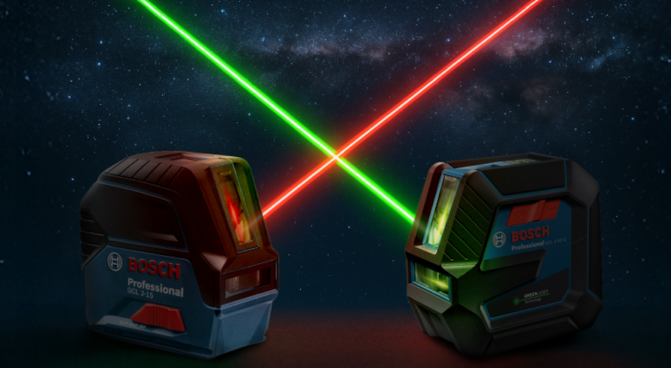 Två korslarar med utskjutande grön och röd laser som korsas mot stjärnhimmel.
