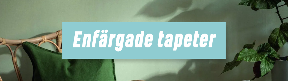 Närbild på grön enfärgad tapet från varumärket Duro samt texten &quotEnfärgade tapeter".