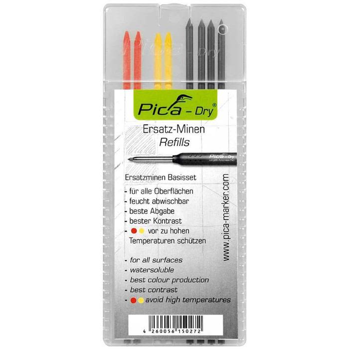 Refill stifter til PICA dry dybhulsmarkør, Grafit stifter i samme hårdhed som almindelige tømrerblyant. Med 4xgrafit, 2xrød, 2xgul.