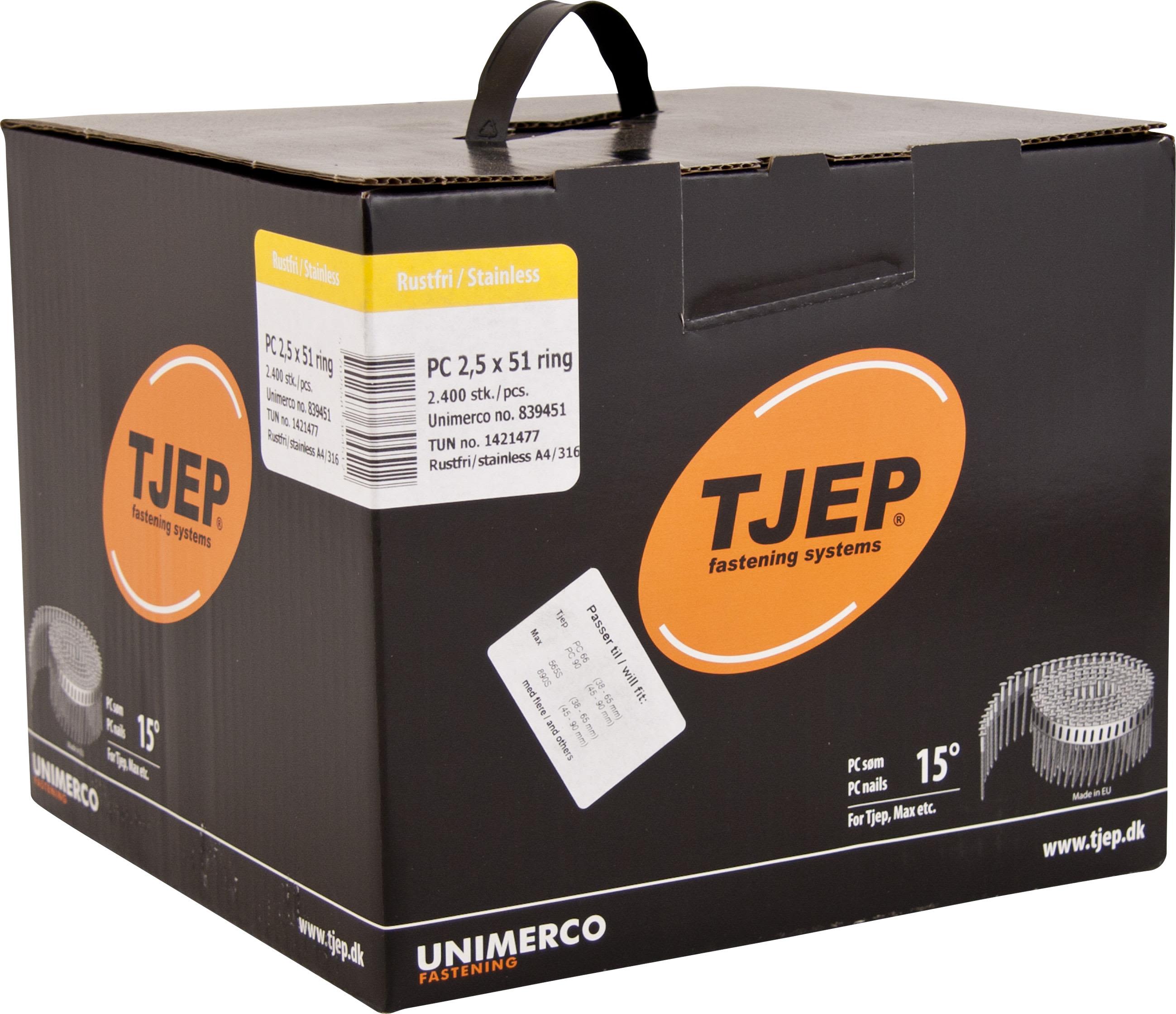 TJEP 839451 Ringspik rundbandad, rostfri A4, 15° PC 2,5 x 51 mm, 2400-pack