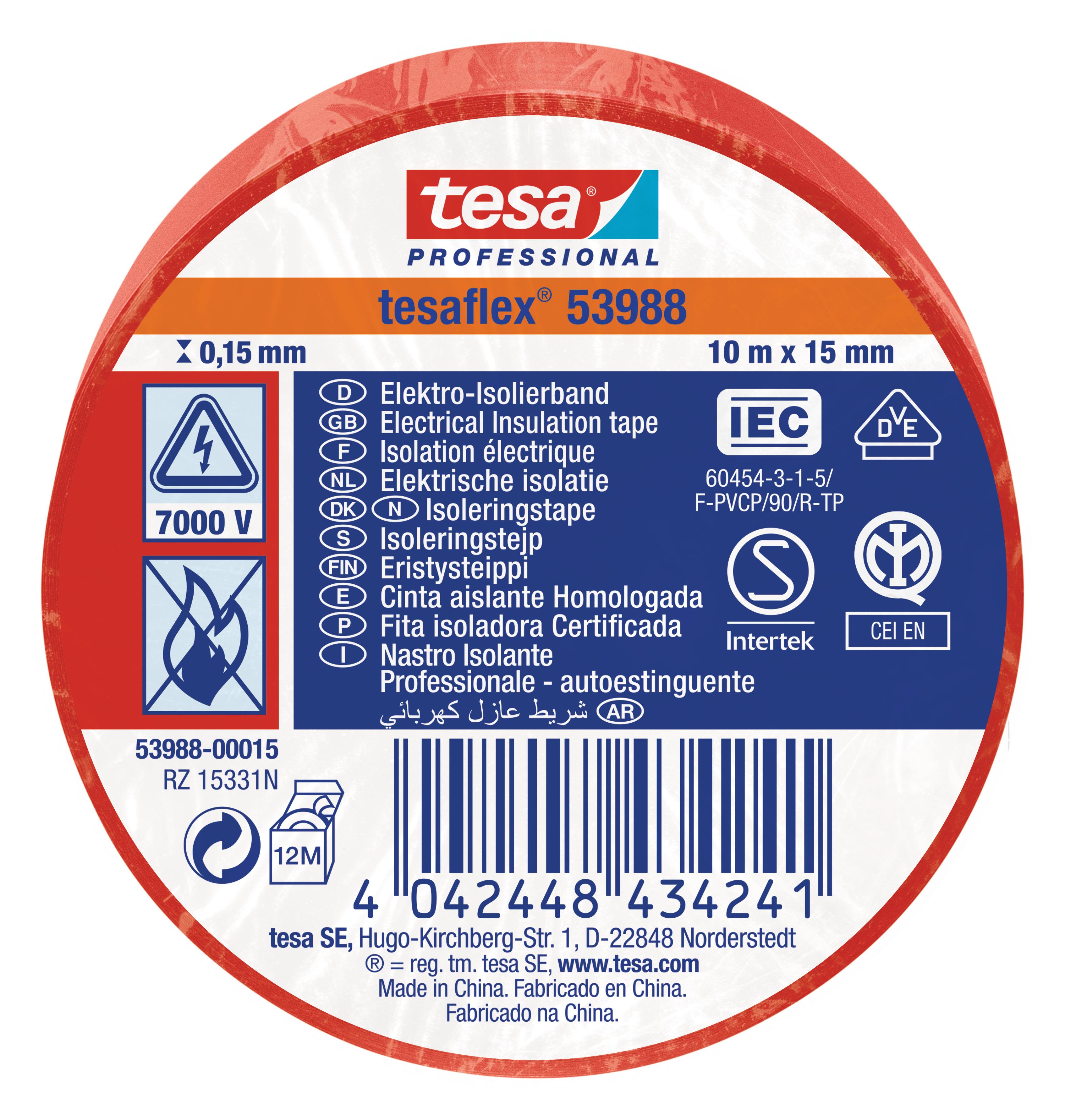 Tesa Tesaflex 53988 Isoleringstejp röd, 10 m x 15 mm