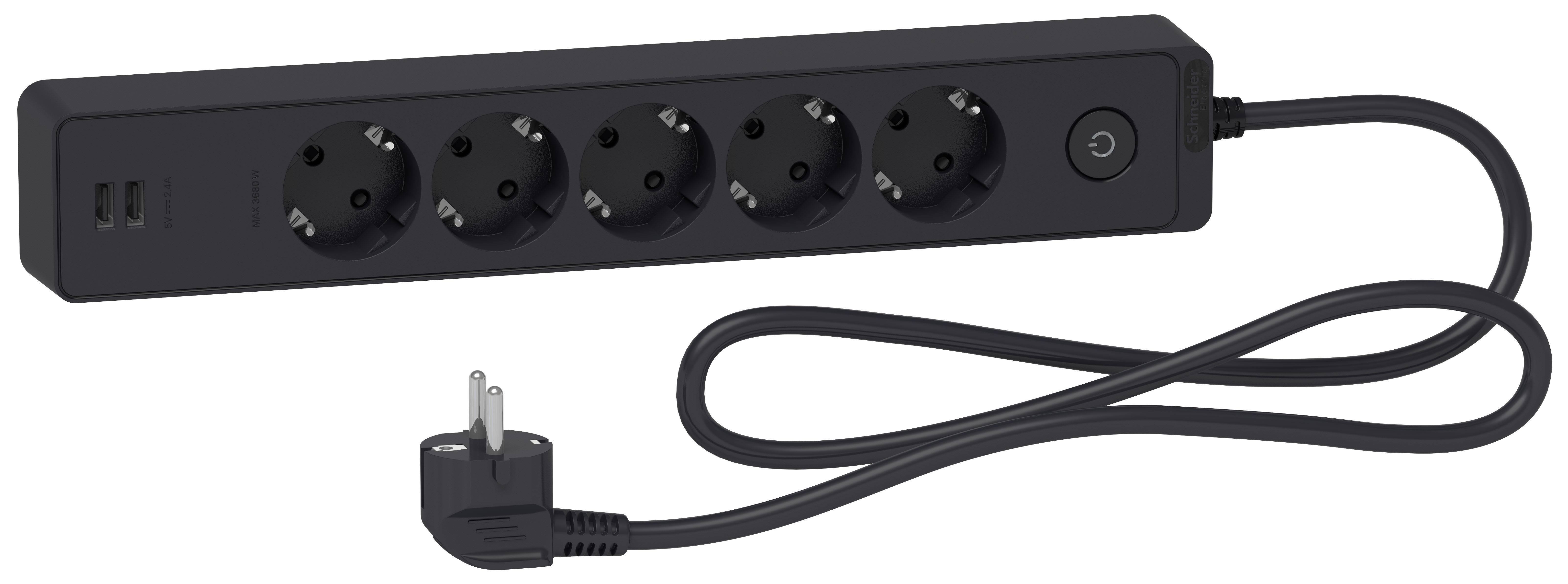 Schneider Electric Unica Extend Grenuttag 5-vägs, jordat, 2xUSB, 1.5 m Antracitgrå