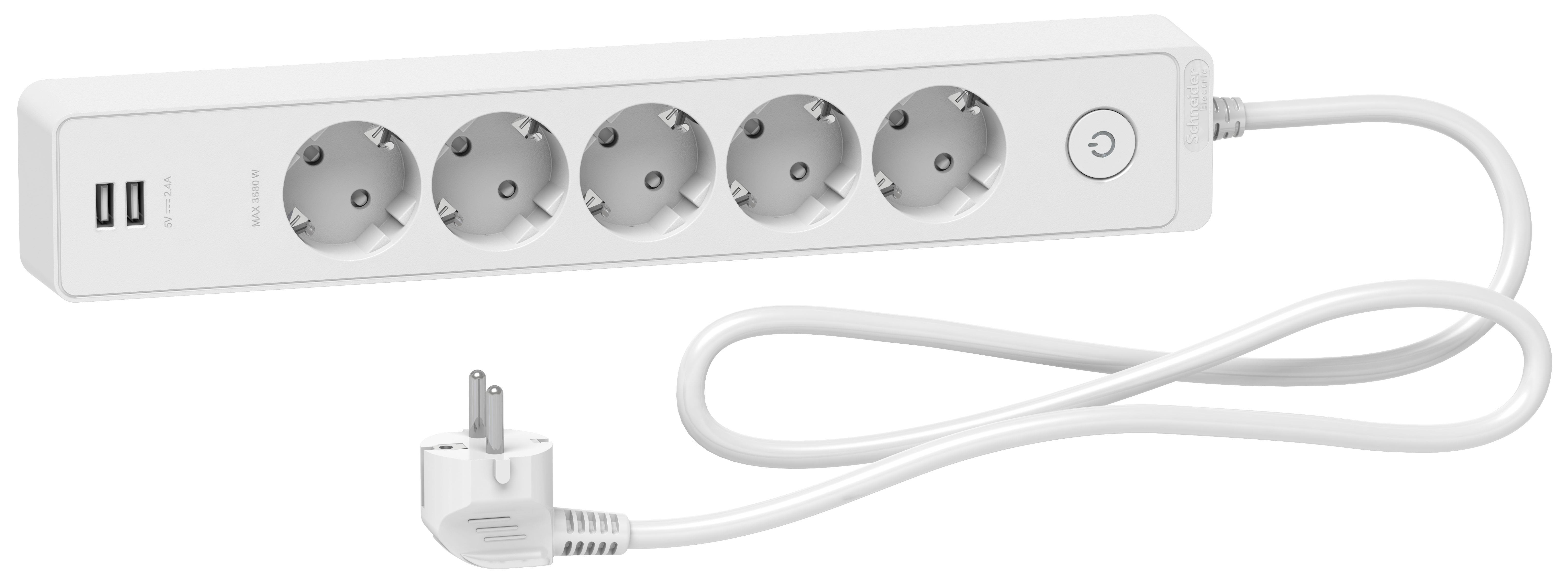 Schneider Electric Unica Extend Grenuttag 5-vägs, jordat, 2xUSB, 1.5 m Vit