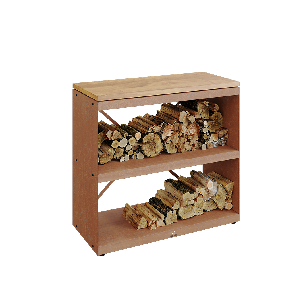 OFYR Wood Storage Dressoir Förvaringshylla cortenstål, toppskiva i gummiträ