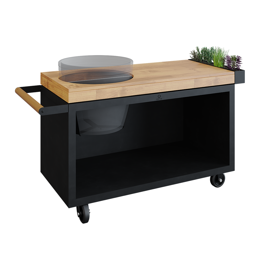 OFYR Kamado Table 135 PRO Black Teak BGE Arbetsbord skärbräda i teak Svartlackerat stål