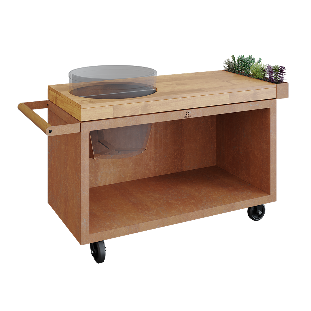 OFYR Kamado Table Corten 135 PRO TW BGE Arbetsbord skärbräda i teak Cortenstål