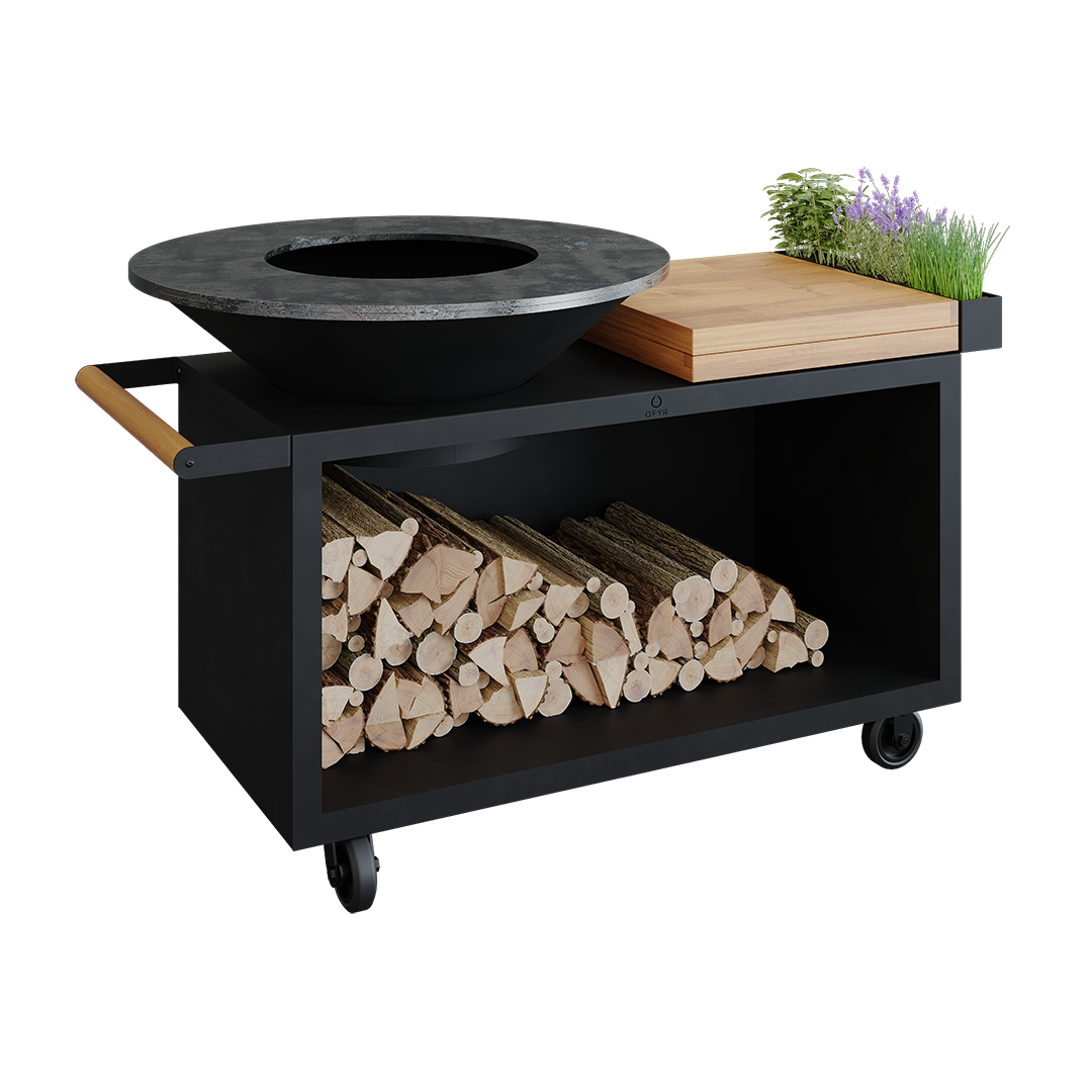 OFYR Island Black 100 PRO TW Grillbord med flaskställ Skärbräda i teak