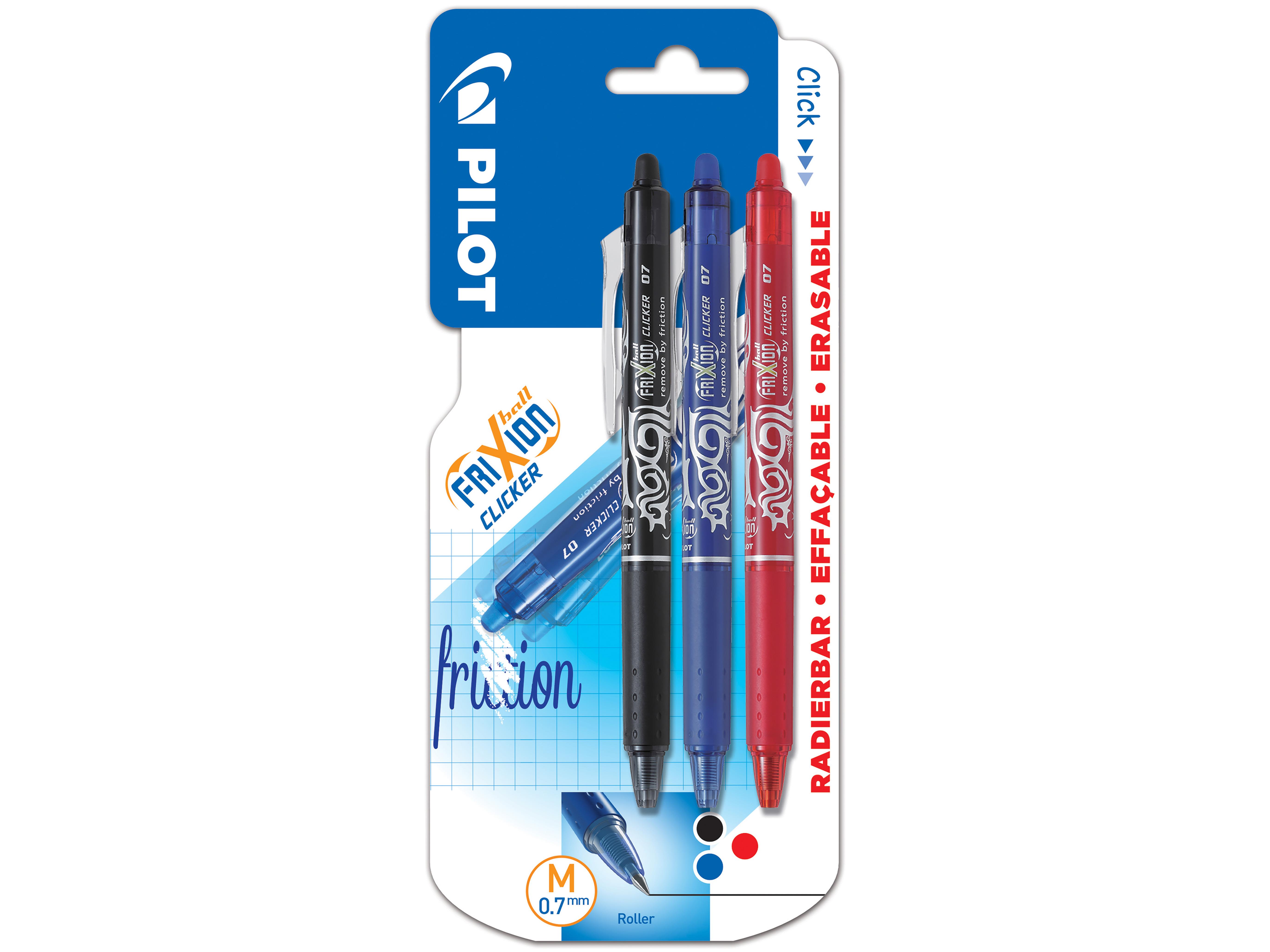 Pilot FriXion Ball Clicker Penn viskbar, 0,7 mm, 3-pakk