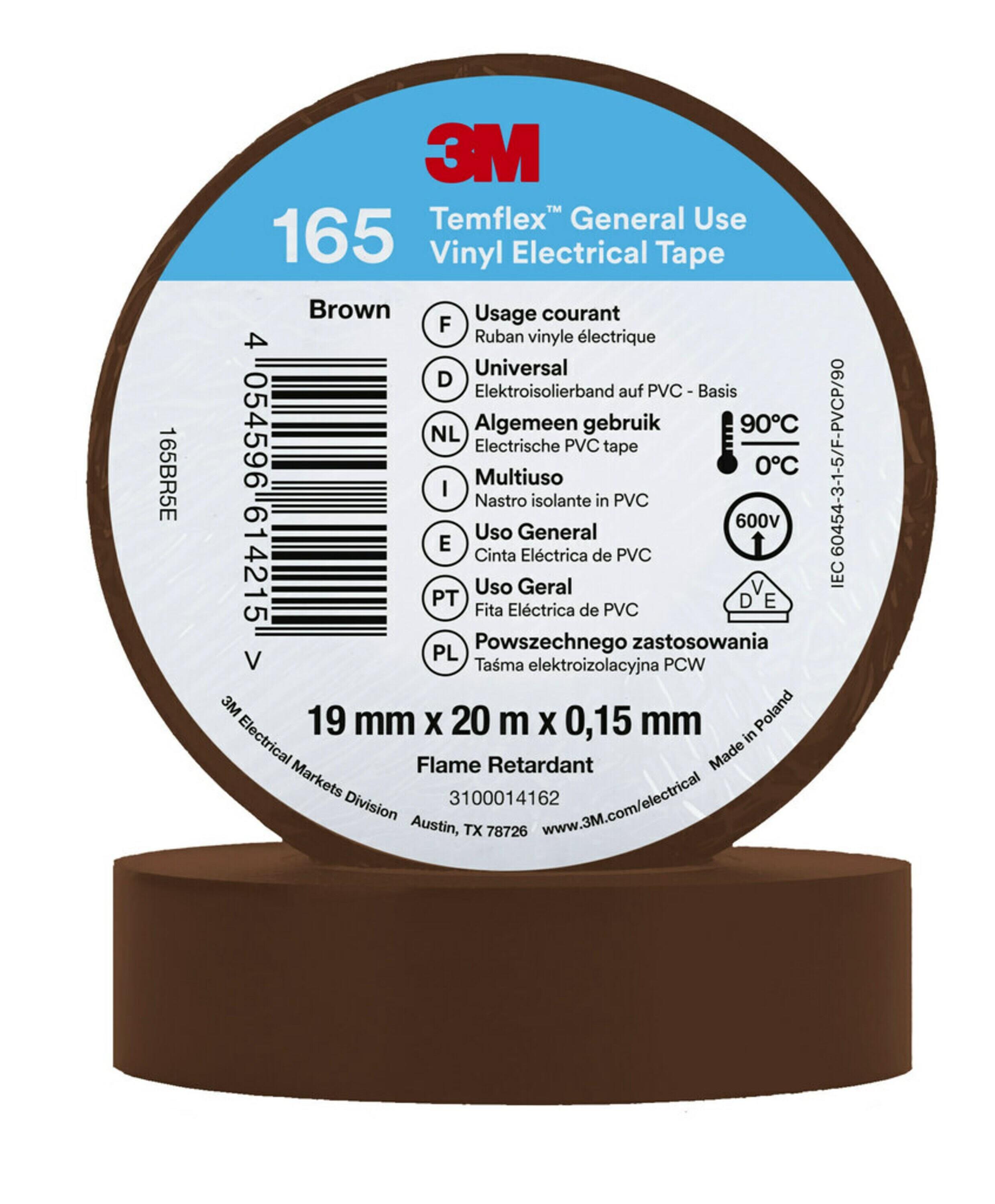 3M Temflex 165 Eltejp 20m x 19mm Brun