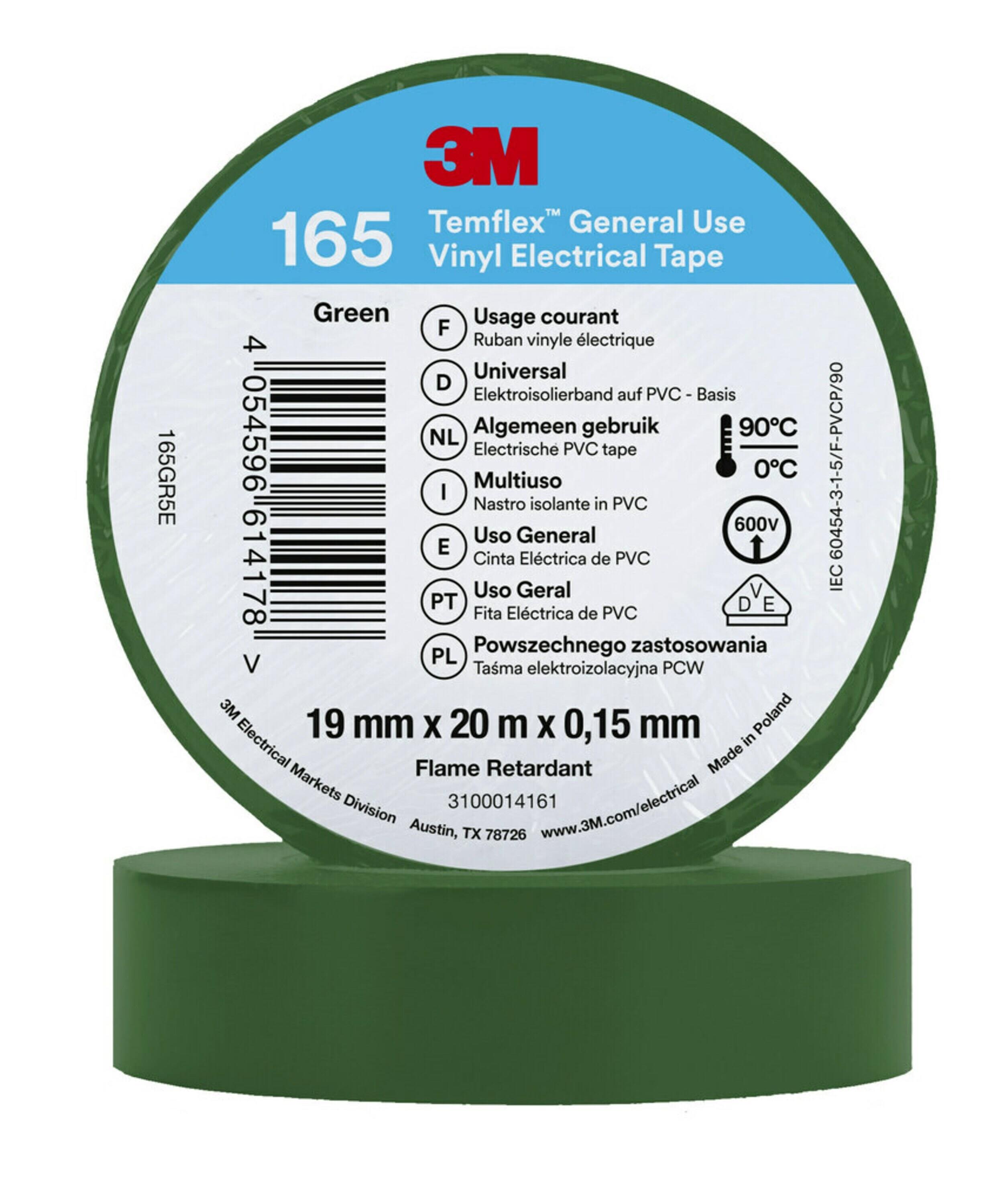 3M Temflex 165 Eltejp 20m x 19mm Grön